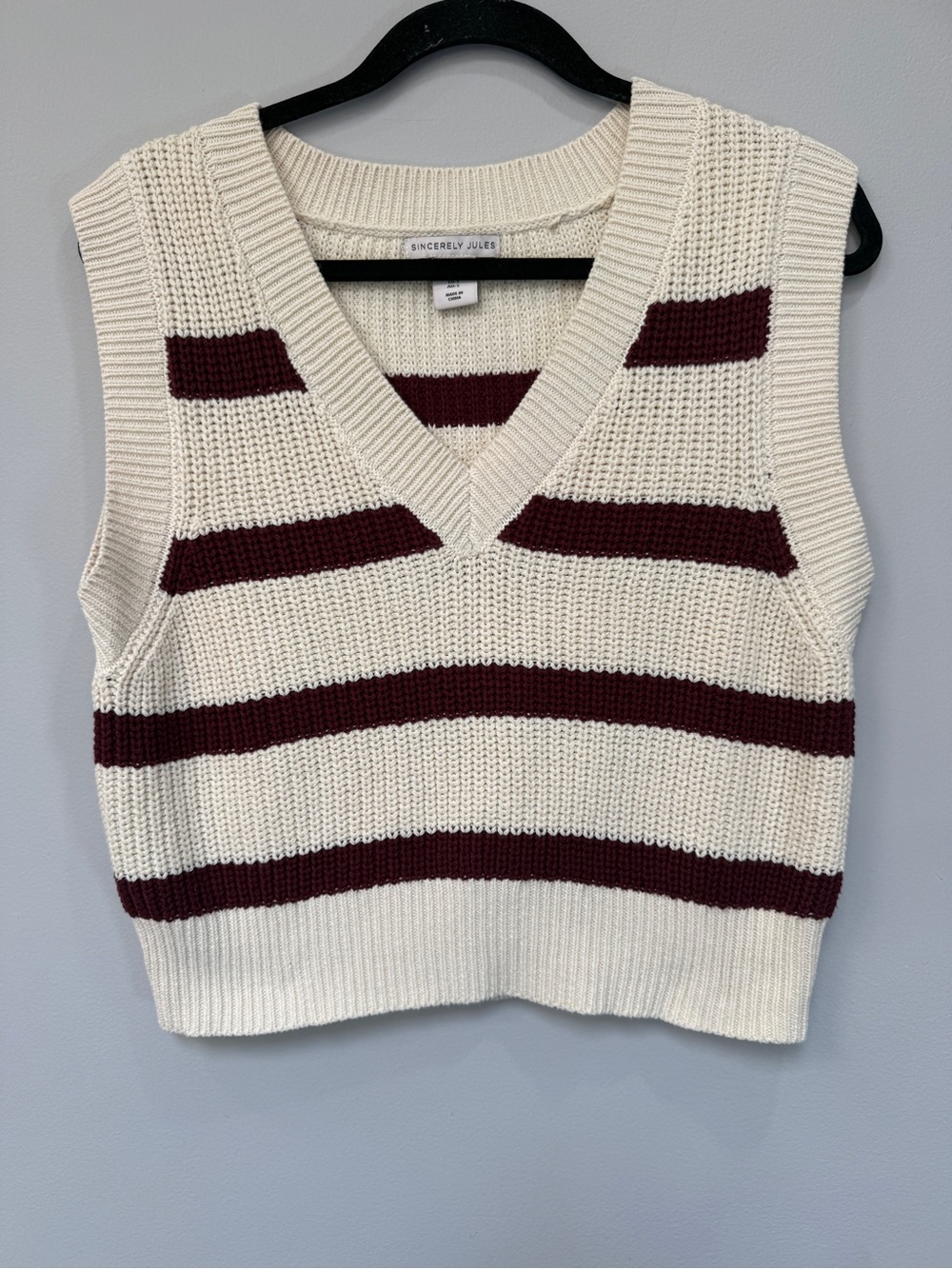 Sincerly Jules Cream and Burgundy Striped V-Neck Sweater Vest